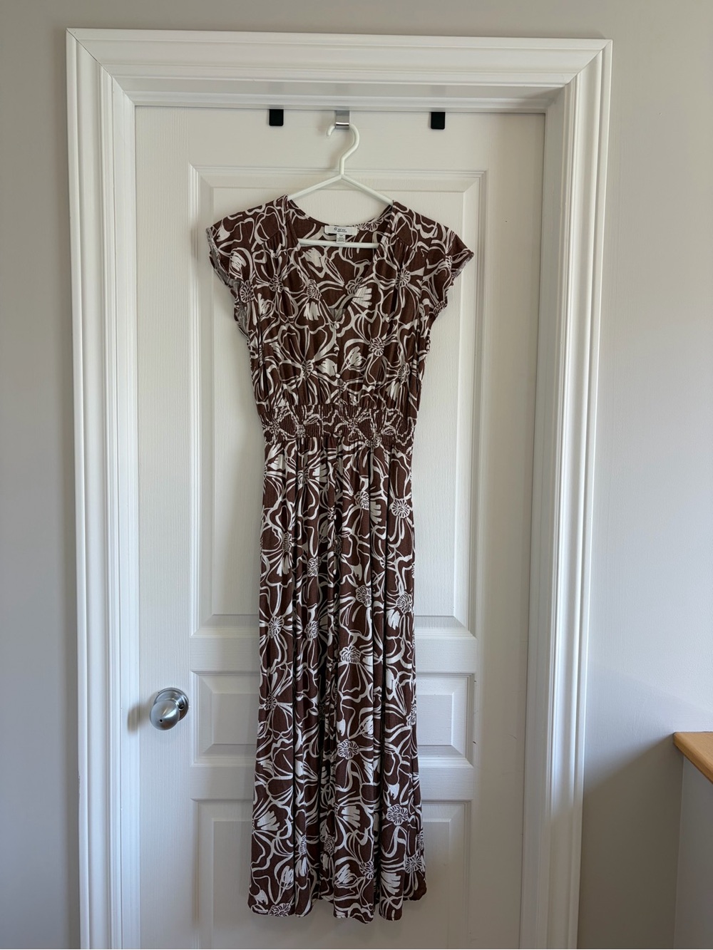Brown Floral Print Maxi Dress with White Pattern